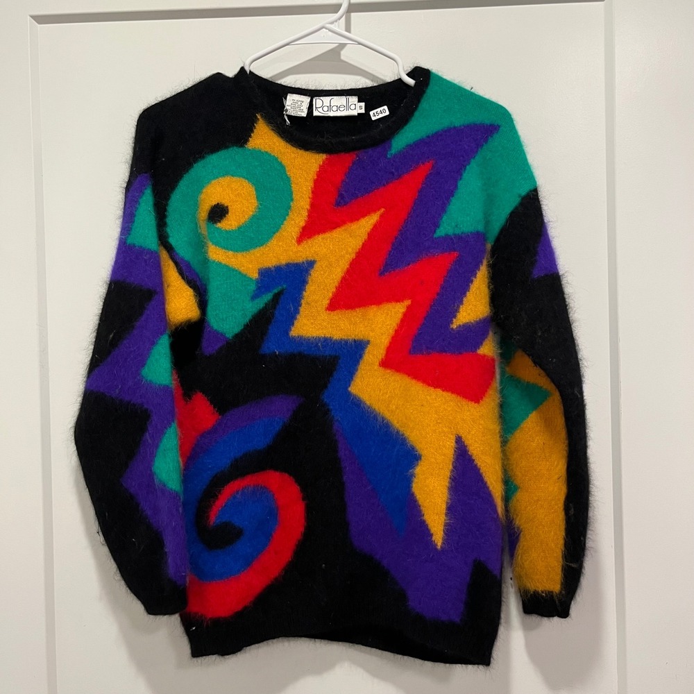 Rafaella Vintage Angora Lambswool Abstract Geometric Fuzzy Knit Sweater Small